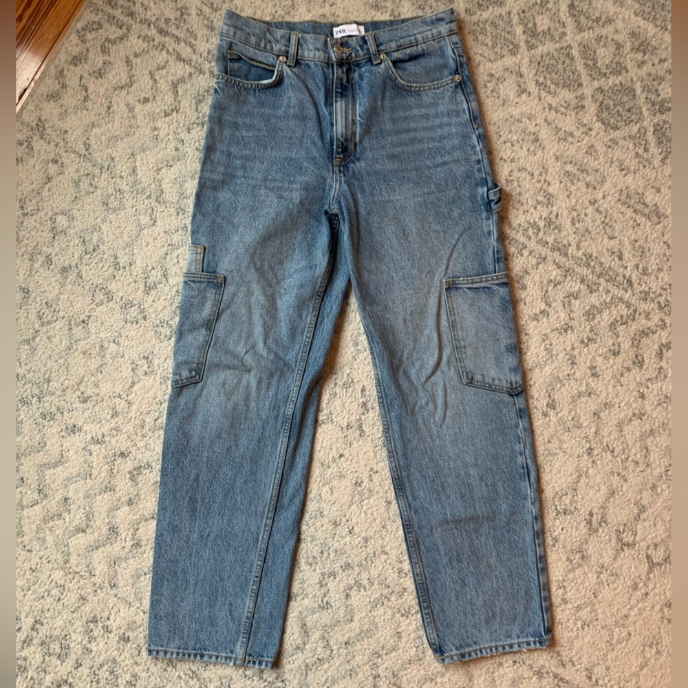 Zara Cargo Jeans: Baggy Straight Leg Style - Size 6 Medium Wash